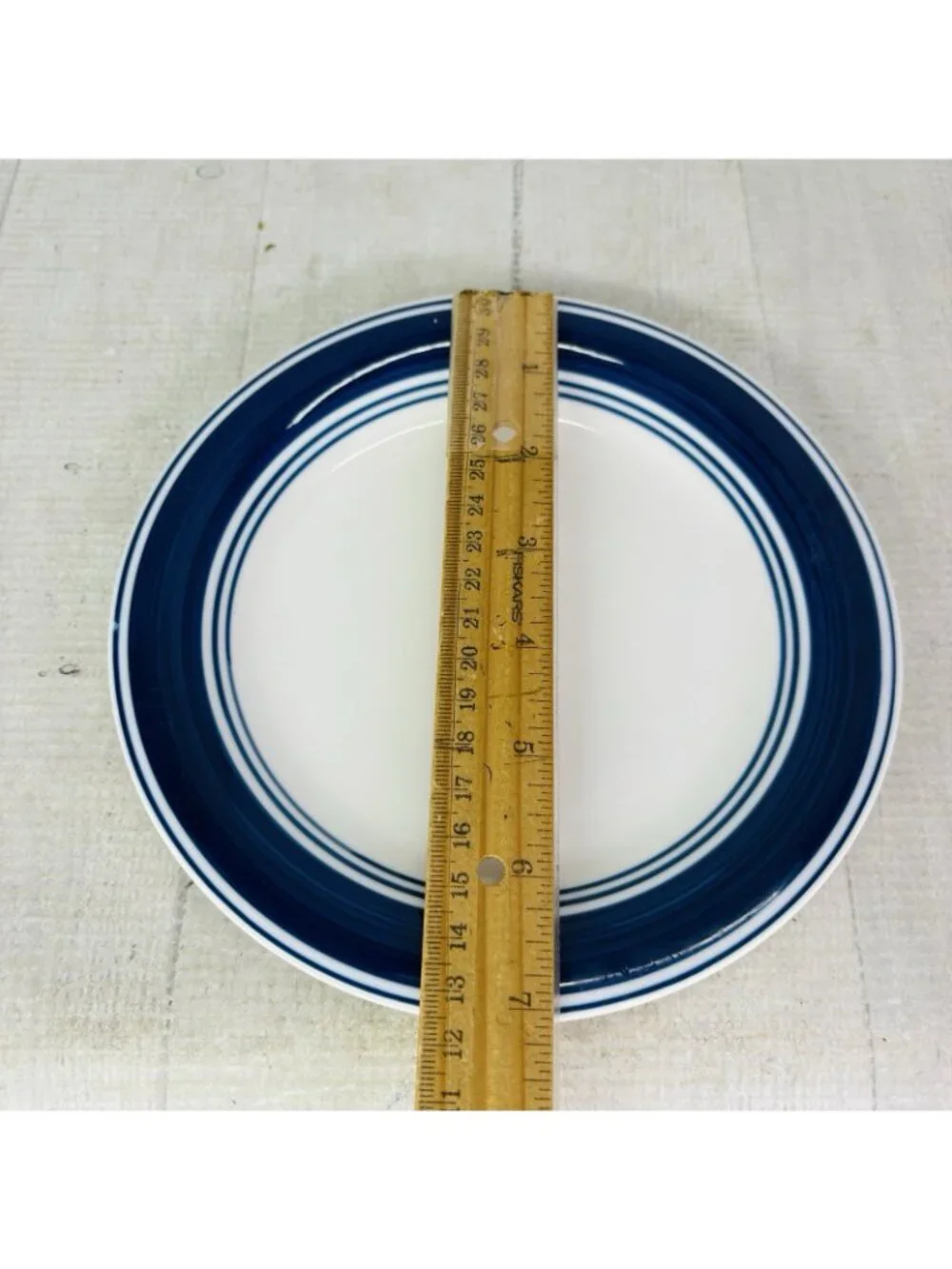 Mainstays CASUAL BANDED ROYAL BLUE Rings Stoneware White Salad Plates Set of 4